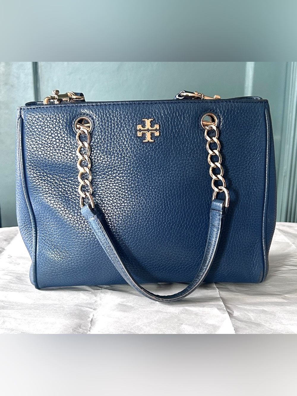 Tory Burch Carter Small Tote Navy Pebbled Leather Gold Hardware